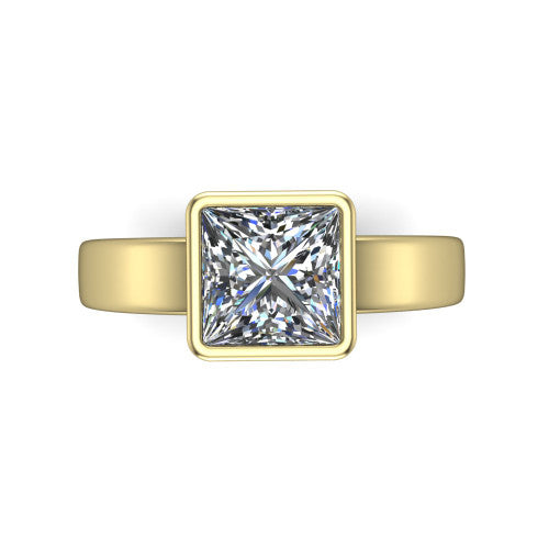 Bony princess-cut classic engagement ring in 14K Yellow Gold, top-down view showing the princess-cut center diamond framed by the full bezel from above