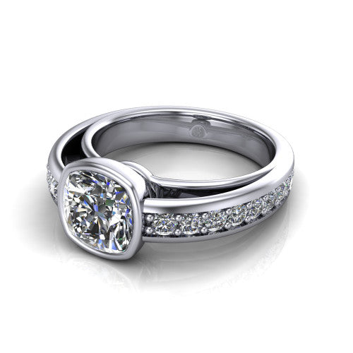 Isabel cushion classic engagement ring in Platinum, three-quarter perspective showing the cushion center diamond in a full bezel above a split diamond band
