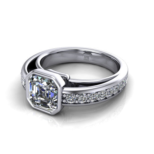 Isabel square emerald-cut classic engagement ring in 18K White Gold, three-quarter perspective showing the square emerald-cut center diamond in a full bezel above a split diamond band