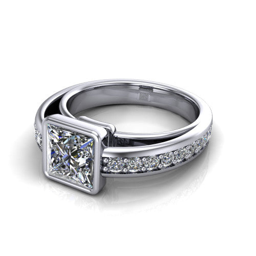 Isabel princess-cut classic engagement ring in 14K White Gold, three-quarter perspective showing the princess-cut center diamond in a full bezel above a split diamond band