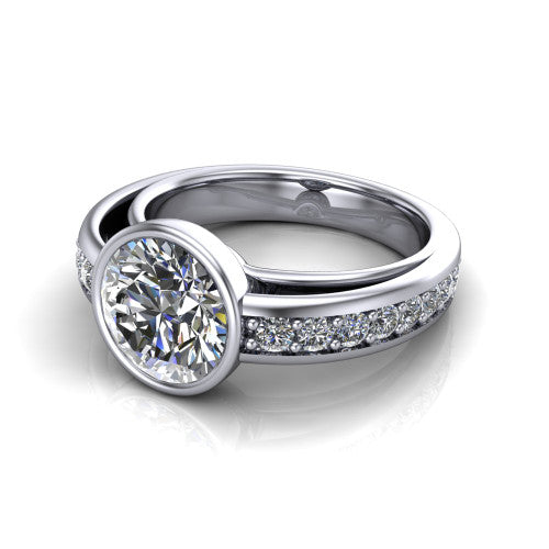 Isabel round classic engagement ring in Platinum, three-quarter perspective showing the round center diamond in a full bezel above a split diamond band