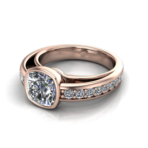 Isabel cushion classic engagement ring in 18K Rose Gold, three-quarter perspective showing the cushion center diamond in a full bezel above a split diamond band