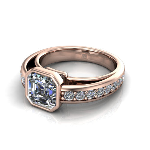 Isabel square emerald-cut classic engagement ring in 14K Rose Gold, three-quarter perspective showing the square emerald-cut center diamond in a full bezel above a split diamond band