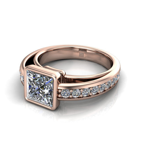 Isabel princess-cut classic engagement ring in 18K Rose Gold, three-quarter perspective showing the princess-cut center diamond in a full bezel above a split diamond band