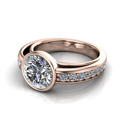 Isabel round classic engagement ring in 14K Rose Gold, three-quarter perspective showing the round center diamond in a full bezel above a split diamond band