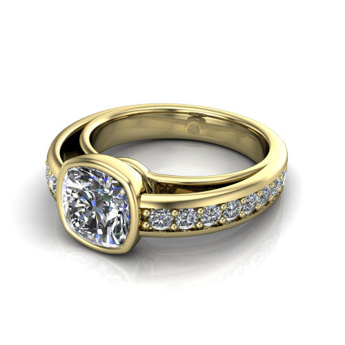 Isabel cushion classic engagement ring in 18K Yellow Gold, three-quarter perspective showing the cushion center diamond in a full bezel above a split diamond band