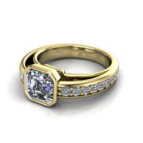 Isabel square emerald-cut classic engagement ring in 18K Yellow Gold, three-quarter perspective showing the square emerald-cut center diamond in a full bezel above a split diamond band