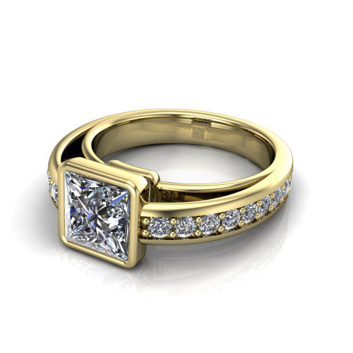 Isabel princess-cut classic engagement ring in 14K Yellow Gold, three-quarter perspective showing the princess-cut center diamond in a full bezel above a split diamond band