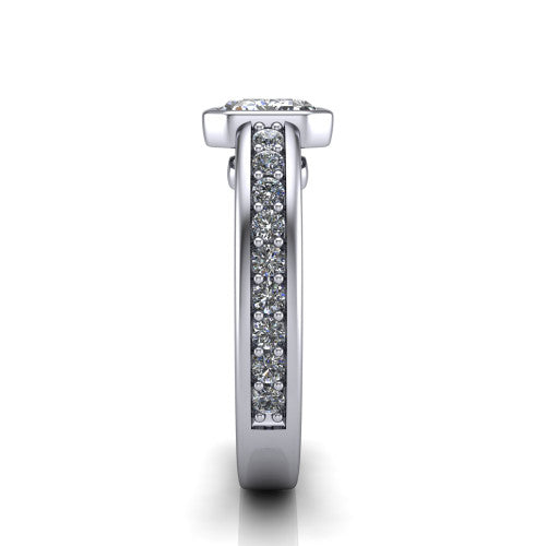 Isabel emerald-cut classic engagement ring in 14K White Gold, side profile showing the bezel setting and split diamond band in side view
