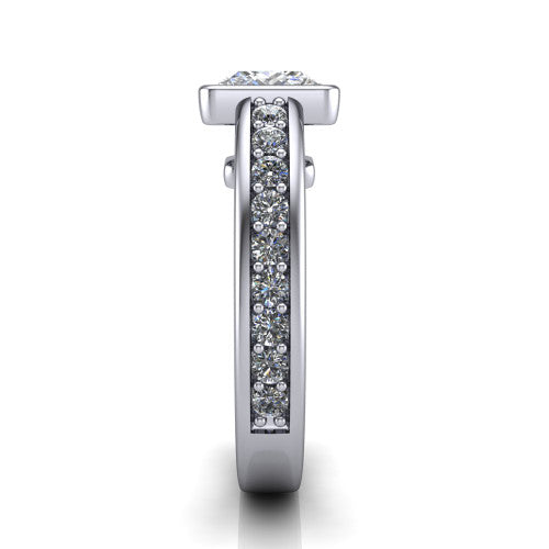 Isabel princess-cut classic engagement ring in Platinum, side profile showing the bezel setting and split diamond band in side view