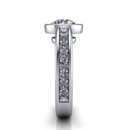 Isabel round classic engagement ring in 14K White Gold, side profile showing the bezel setting and split diamond band in side view