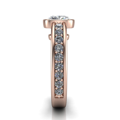Isabel cushion classic engagement ring in 18K Rose Gold, side profile showing the bezel setting and split diamond band in side view