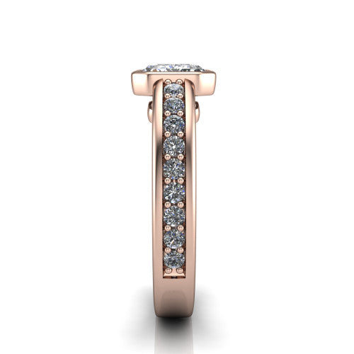 Isabel emerald-cut classic engagement ring in 18K Rose Gold, side profile showing the bezel setting and split diamond band in side view