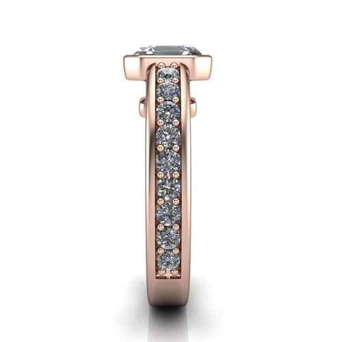 Isabel square emerald-cut classic engagement ring in 18K Rose Gold, side profile showing the bezel setting and split diamond band in side view
