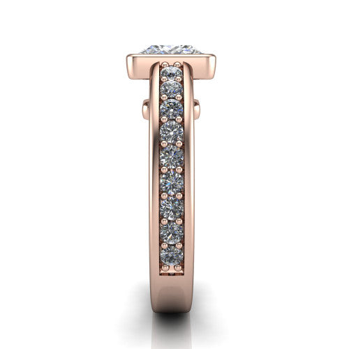 Isabel princess-cut classic engagement ring in 14K Rose Gold, side profile showing the bezel setting and split diamond band in side view