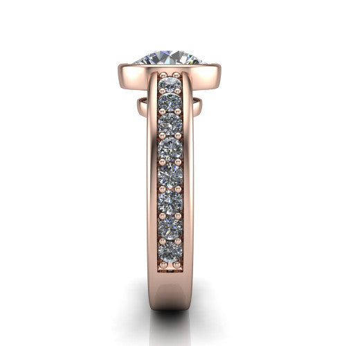 Isabel round classic engagement ring in 18K Rose Gold, side profile showing the bezel setting and split diamond band in side view