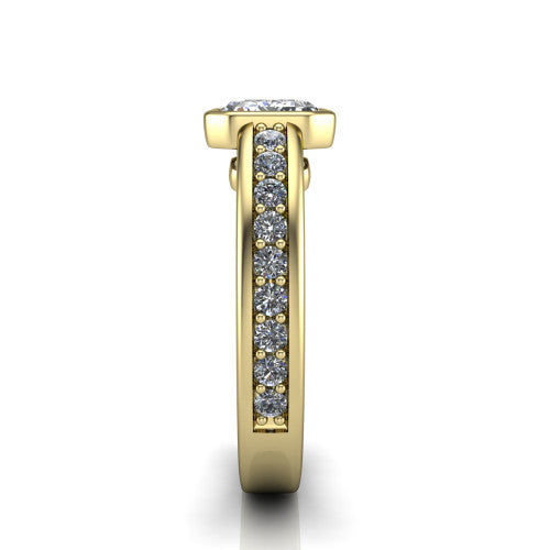 Isabel emerald-cut classic engagement ring in 14K Yellow Gold, side profile showing the bezel setting and split diamond band in side view