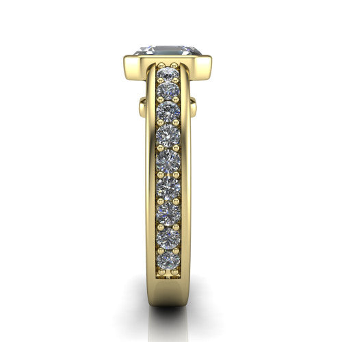 Isabel square emerald-cut classic engagement ring in 18K Yellow Gold, side profile showing the bezel setting and split diamond band in side view
