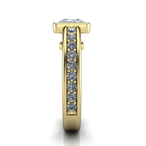 Isabel princess-cut classic engagement ring in 14K Yellow Gold, side profile showing the bezel setting and split diamond band in side view