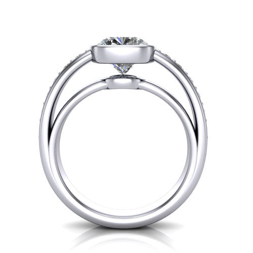 Isabel cushion classic engagement ring in Platinum, through-finger front profile showing the bezel and split channel-set band from the front