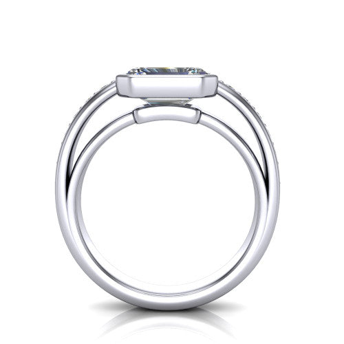 Isabel emerald-cut classic engagement ring in Platinum, through-finger front profile showing the bezel and split channel-set band from the front