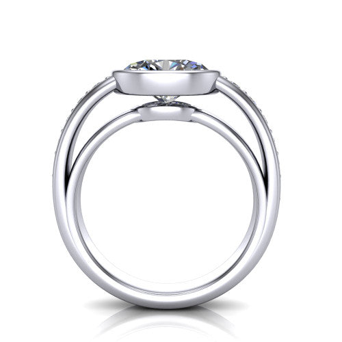 Isabel oval classic engagement ring in Platinum, through-finger front profile showing the bezel and split channel-set band from the front