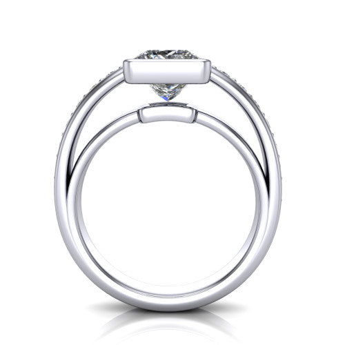 Isabel princess-cut classic engagement ring in 18K White Gold, through-finger front profile showing the bezel and split channel-set band from the front