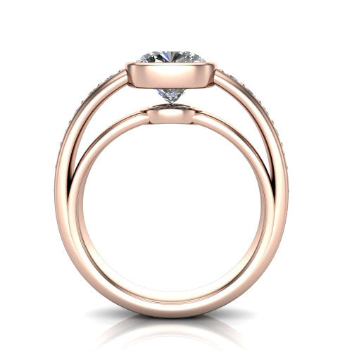 Isabel cushion classic engagement ring in 18K Rose Gold, through-finger front profile showing the bezel and split channel-set band from the front