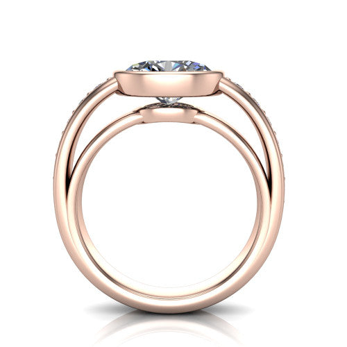 Isabel oval classic engagement ring in 18K Rose Gold, through-finger front profile showing the bezel and split channel-set band from the front