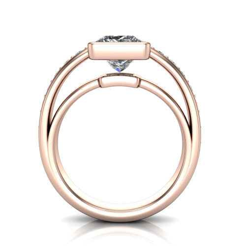 Isabel princess-cut classic engagement ring in 14K Rose Gold, through-finger front profile showing the bezel and split channel-set band from the front