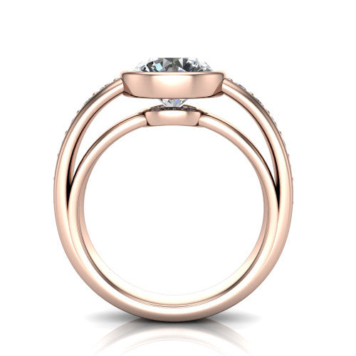 Isabel round classic engagement ring in 14K Rose Gold, through-finger front profile showing the bezel and split channel-set band from the front