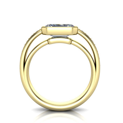 Isabel emerald-cut classic engagement ring in 18K Yellow Gold, through-finger front profile showing the bezel and split channel-set band from the front