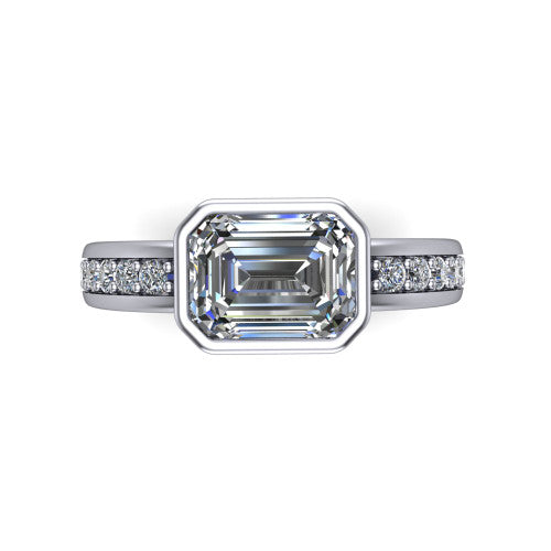 Isabel emerald-cut classic engagement ring in 14K White Gold, top-down view showing the emerald-cut center diamond framed by the full bezel from above
