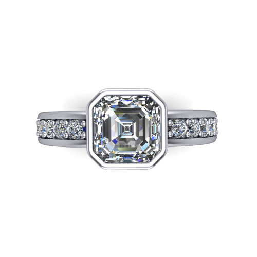 Isabel square emerald-cut classic engagement ring in Platinum, top-down view showing the square emerald-cut center diamond framed by the full bezel from above