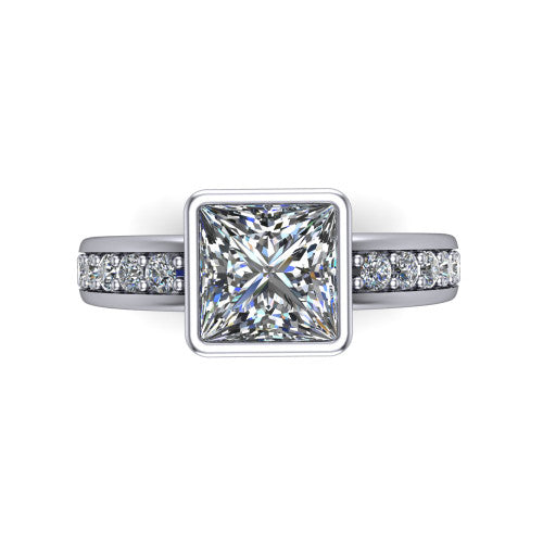 Isabel princess-cut classic engagement ring in 18K White Gold, top-down view showing the princess-cut center diamond framed by the full bezel from above