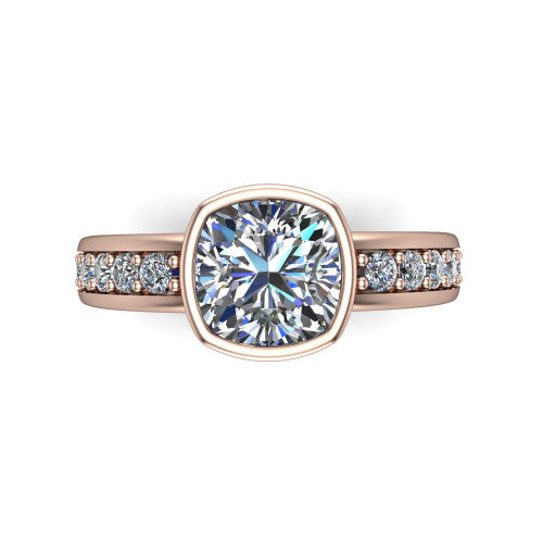 Isabel cushion classic engagement ring in 18K Rose Gold, top-down view showing the cushion center diamond framed by the full bezel from above