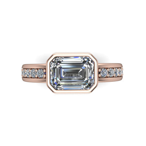 Isabel emerald-cut classic engagement ring in 18K Rose Gold, top-down view showing the emerald-cut center diamond framed by the full bezel from above