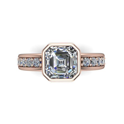 Isabel square emerald-cut classic engagement ring in 14K Rose Gold, top-down view showing the square emerald-cut center diamond framed by the full bezel from above