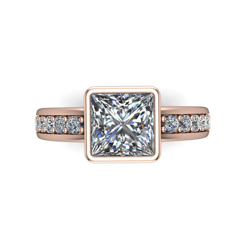 Isabel princess-cut classic engagement ring in 18K Rose Gold, top-down view showing the princess-cut center diamond framed by the full bezel from above