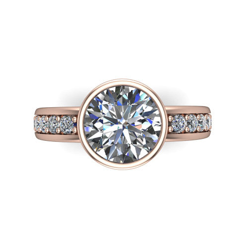 Isabel round classic engagement ring in 18K Rose Gold, top-down view showing the round center diamond framed by the full bezel from above