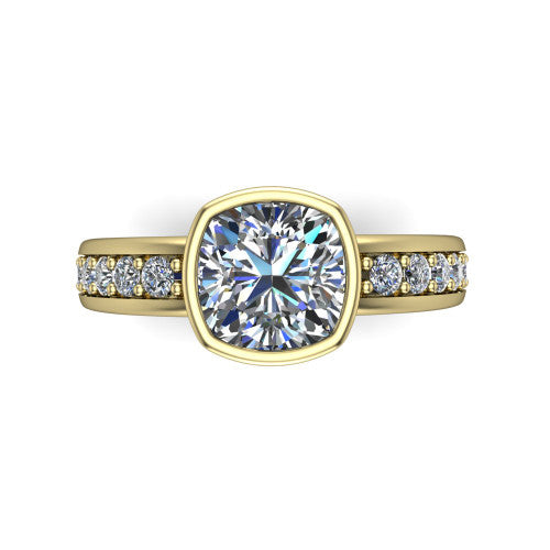 Isabel cushion classic engagement ring in 18K Yellow Gold, top-down view showing the cushion center diamond framed by the full bezel from above