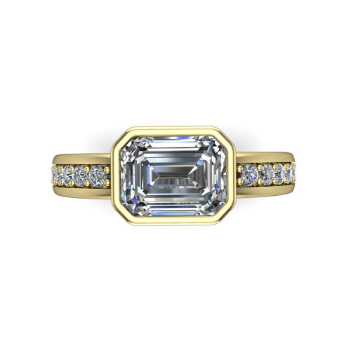Isabel emerald-cut classic engagement ring in 18K Yellow Gold, top-down view showing the emerald-cut center diamond framed by the full bezel from above