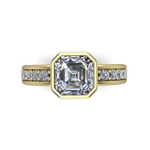 Isabel square emerald-cut classic engagement ring in 18K Yellow Gold, top-down view showing the square emerald-cut center diamond framed by the full bezel from above