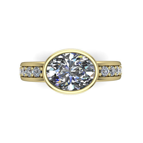Isabel oval classic engagement ring in 18K Yellow Gold, top-down view showing the oval center diamond framed by the full bezel from above