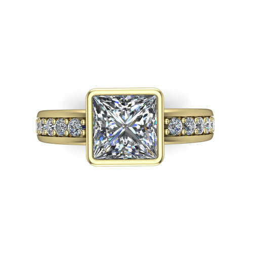 Isabel princess-cut classic engagement ring in 18K Yellow Gold, top-down view showing the princess-cut center diamond framed by the full bezel from above