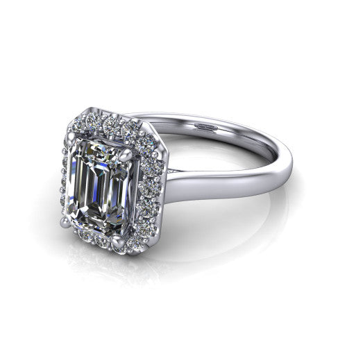 Reese emerald-cut halo engagement ring in 14K White Gold, three-quarter perspective showing the emerald-cut center diamond in a pave halo above a thin band