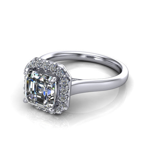 Reese square emerald-cut halo engagement ring in 14K White Gold, three-quarter perspective showing the square emerald-cut center diamond in a pave halo above a thin band