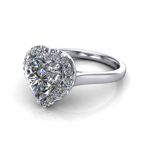 Reese heart halo engagement ring in Platinum, three-quarter perspective showing the heart center diamond in a pave halo above a thin band