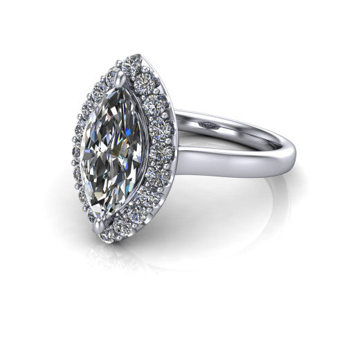 Reese marquise halo engagement ring in 18K White Gold, three-quarter perspective showing the marquise center diamond in a pave halo above a thin band
