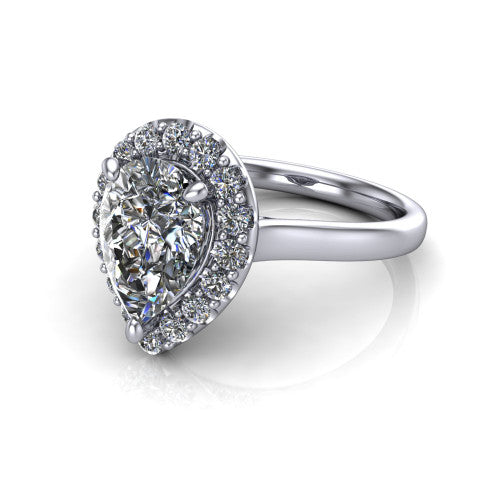 Reese pear halo engagement ring in 14K White Gold, three-quarter perspective showing the pear center diamond in a pave halo above a thin band